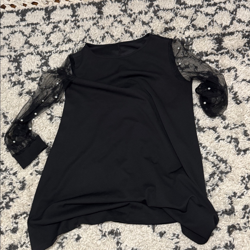 Black Top with Sheer Pearl Sleeves